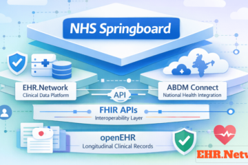 NHS Springboard healthcare platform architecture using EHR.Network, ABDM Connect, FHIR and openEHR